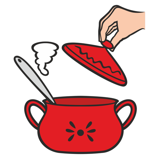 Delicious homemade stew bubbling in a vibrant red pot