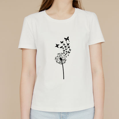 Delicate dandelion swirling with butterflies in flight