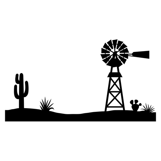 Desert scene with a silhouetted windmill