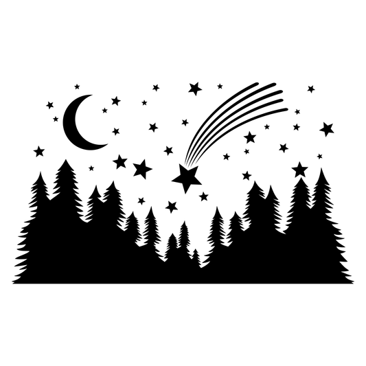 Falling star over a tranquil night landscape with trees