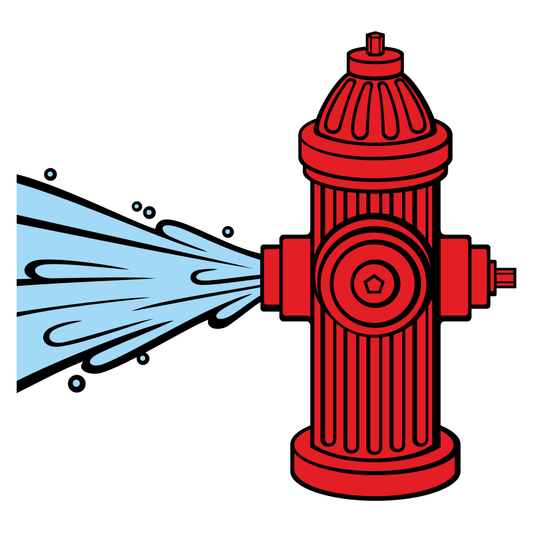 Bright red fire hydrant with water gushing in clear design