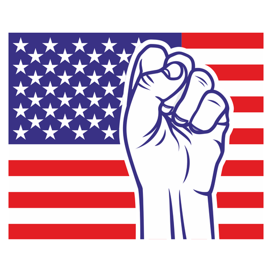 Fist raised against the backdrop of a patriotic American flag