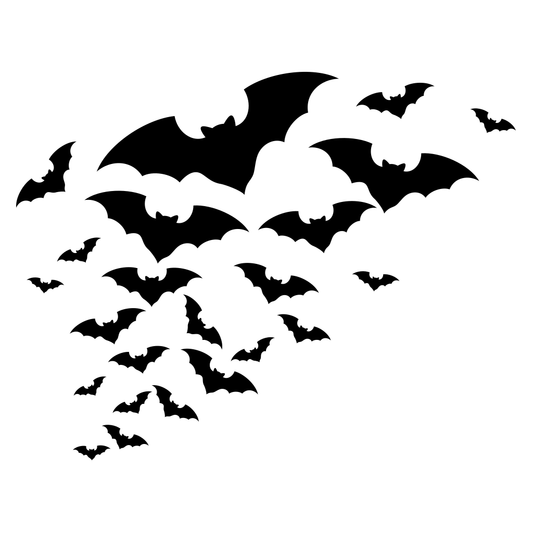 Silhouetted flock of bats soaring through the night sky