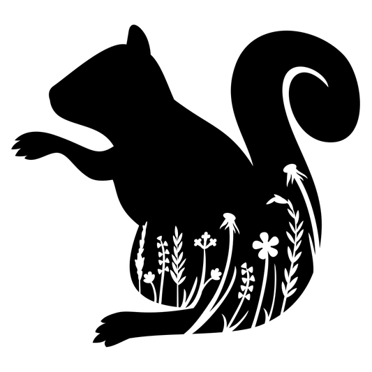 Floral design featuring a whimsical silhouette of a squirrel