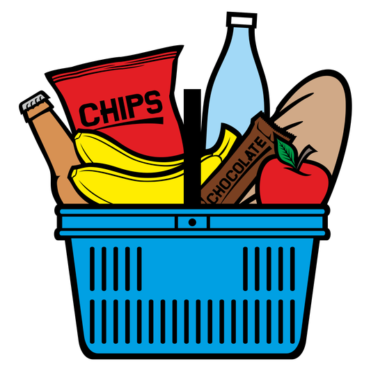 Shopping basket filled with delicious food and drinks