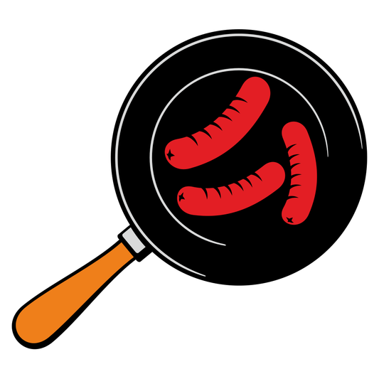 Fried sausages sizzling in a colorful frying pan design