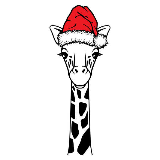 Giraffe wearing a festive santa hat for holiday cheer