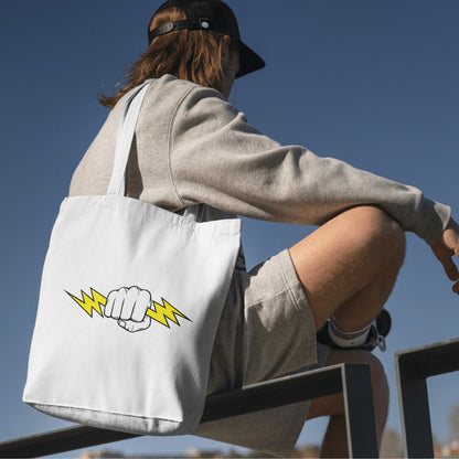 Dynamic hand gripping a vibrant lightning bolt design