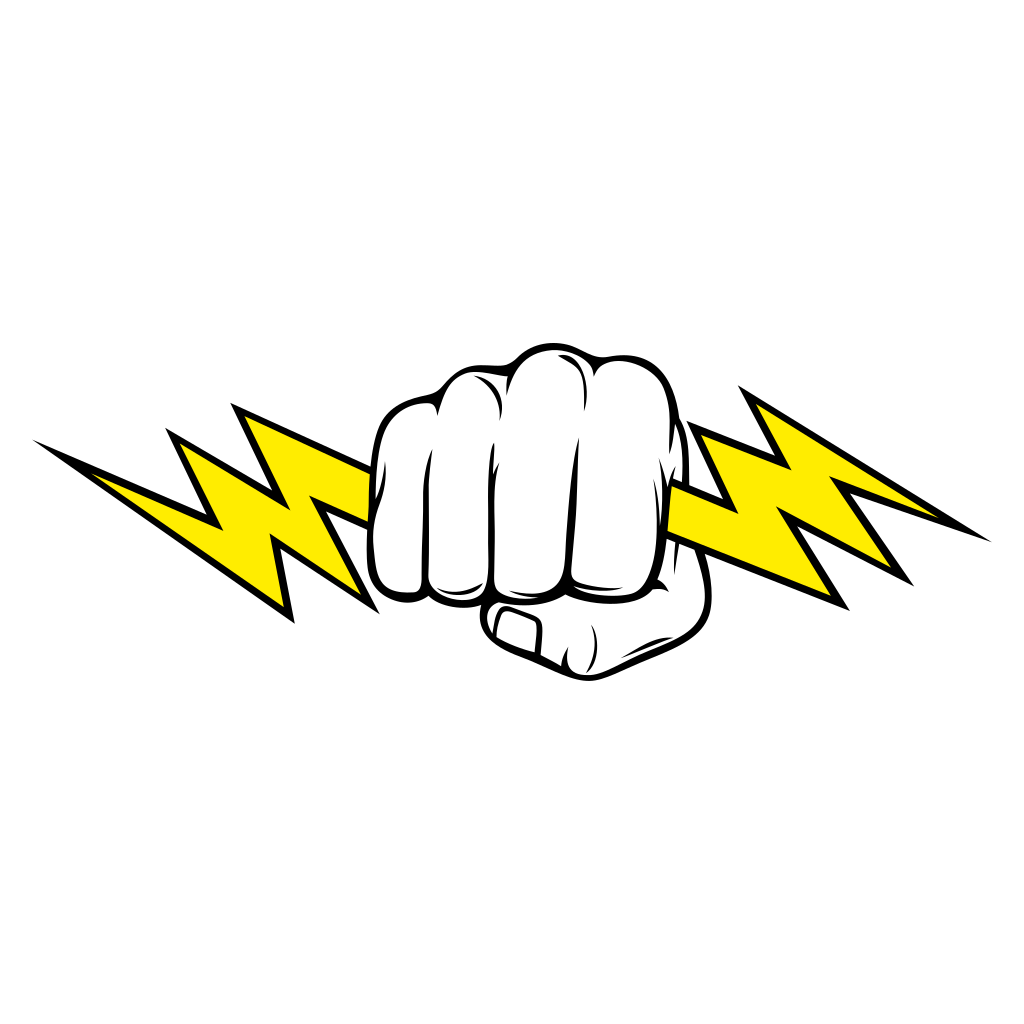 Dynamic hand gripping a vibrant lightning bolt design