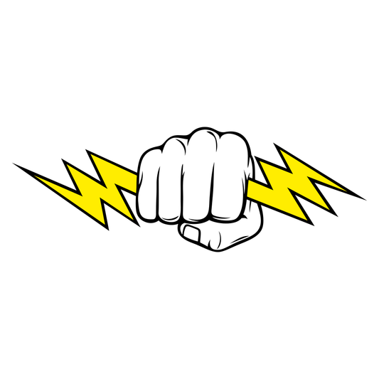 Dynamic hand gripping a vibrant lightning bolt design