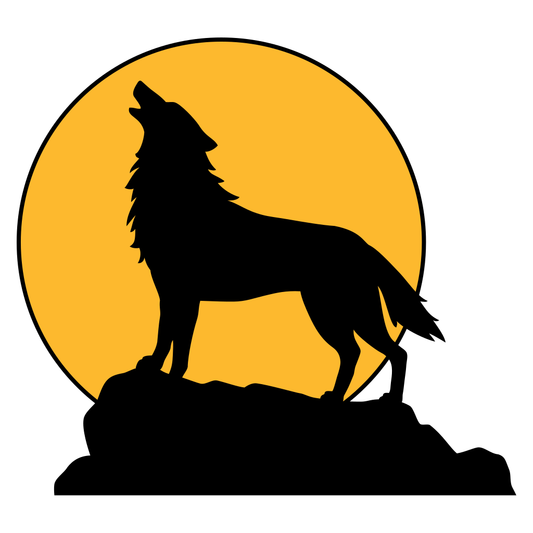 Howling wolf silhouette against a vibrant yellow moon