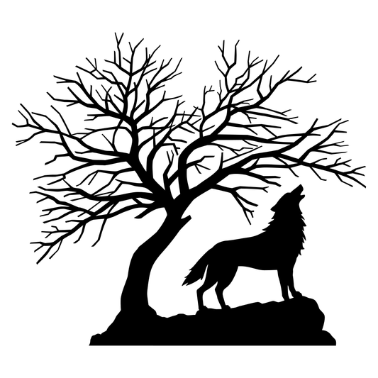 Howling wolf silhouette under a barren tree at dusk