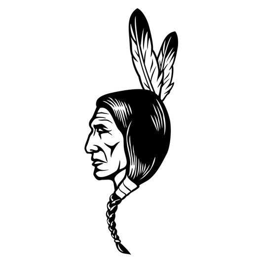 Black and white vector of an Indian chief with feathers