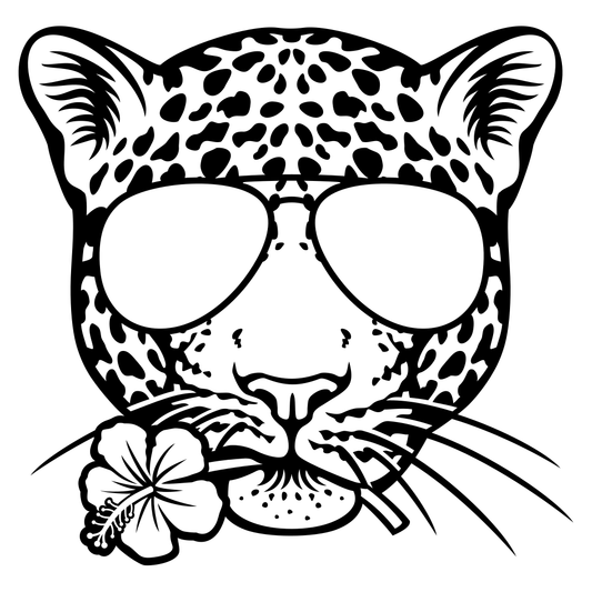 Stylish jaguar wearing sunglasses with a tropical flower