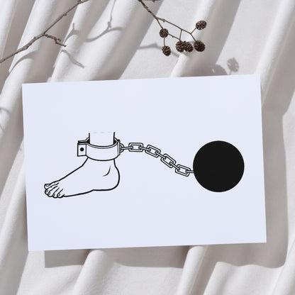 Leg chained, symbolizing restraint and struggle