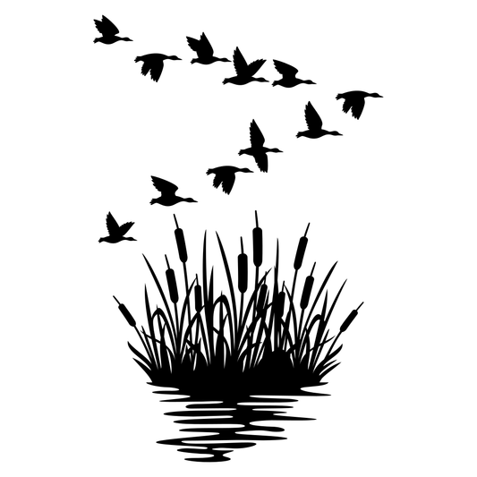 Elegant mallard ducks in flight above lush reeds