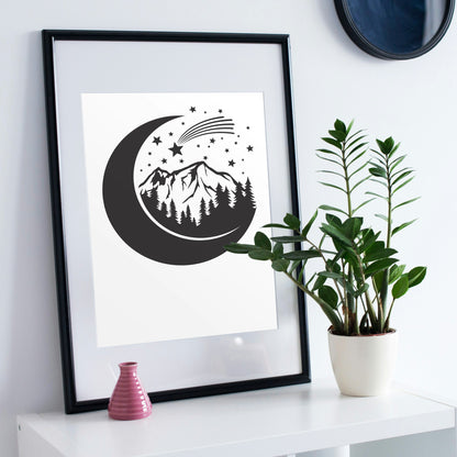 Moonlit mountain landscape with stars and comet design