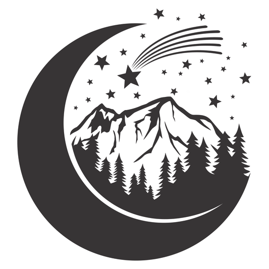 Moonlit mountain landscape with stars and comet design