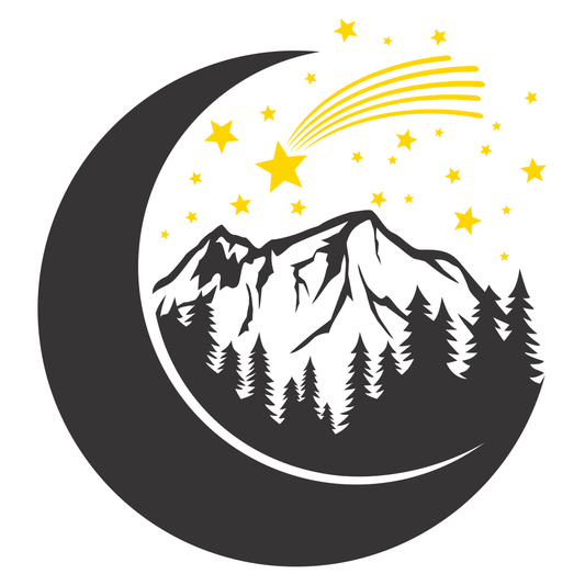 Enchanted mountain landscape with a moon and shooting stars