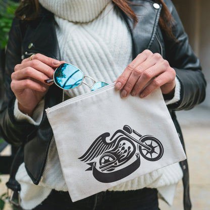 Motorcycle label design with dynamic wings and flames