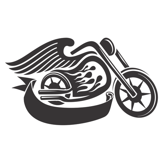 Motorcycle label design with dynamic wings and flames