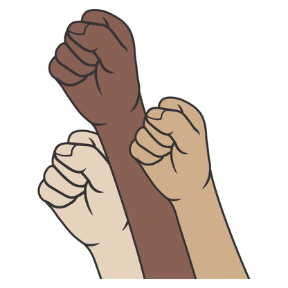 Symbols of unity and strength in multicultural revolution. Diverse fists rise together.