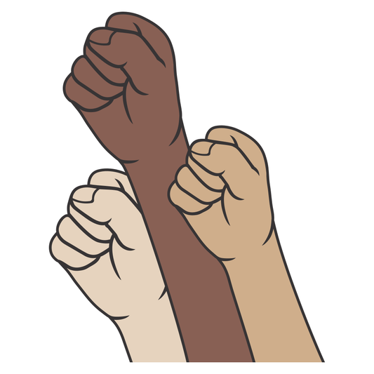 Symbols of unity and strength in multicultural revolution. Diverse fists rise together.
