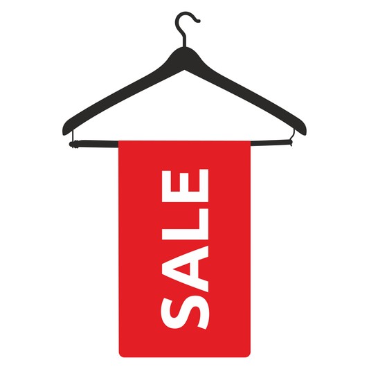A bold red banner featuring the word SALE is hanging from a sleek black hanger.