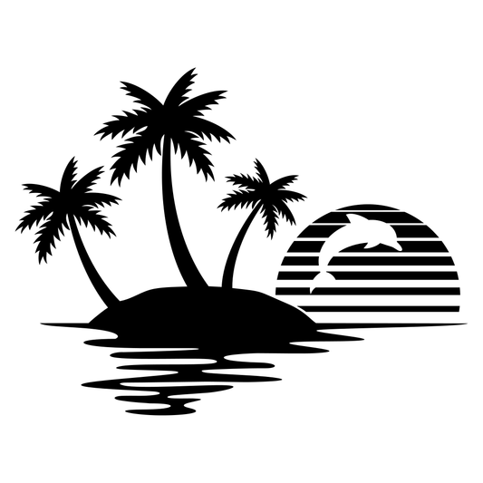 Palm trees silhouette at sunset with calm waters reflection