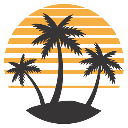 Palm trees silhouetted against a vibrant sunset backdrop
