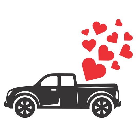 Love drives in a pickup truck with hearts bursting out