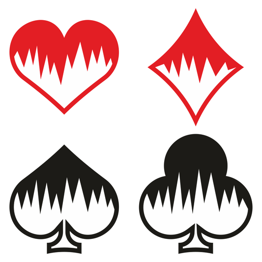 Stylized playing card symbols with vibrant colors and patterns