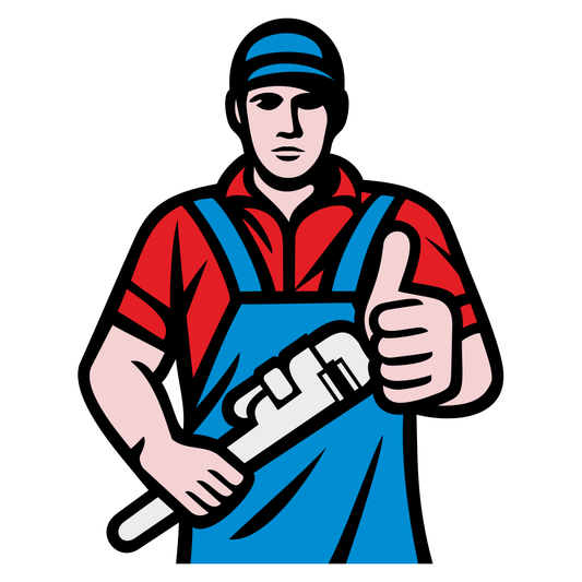 Plumber holding a wrench ready for action in workshop