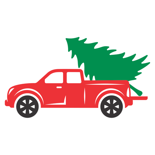 Red pickup truck with Christmas tree for the holidays