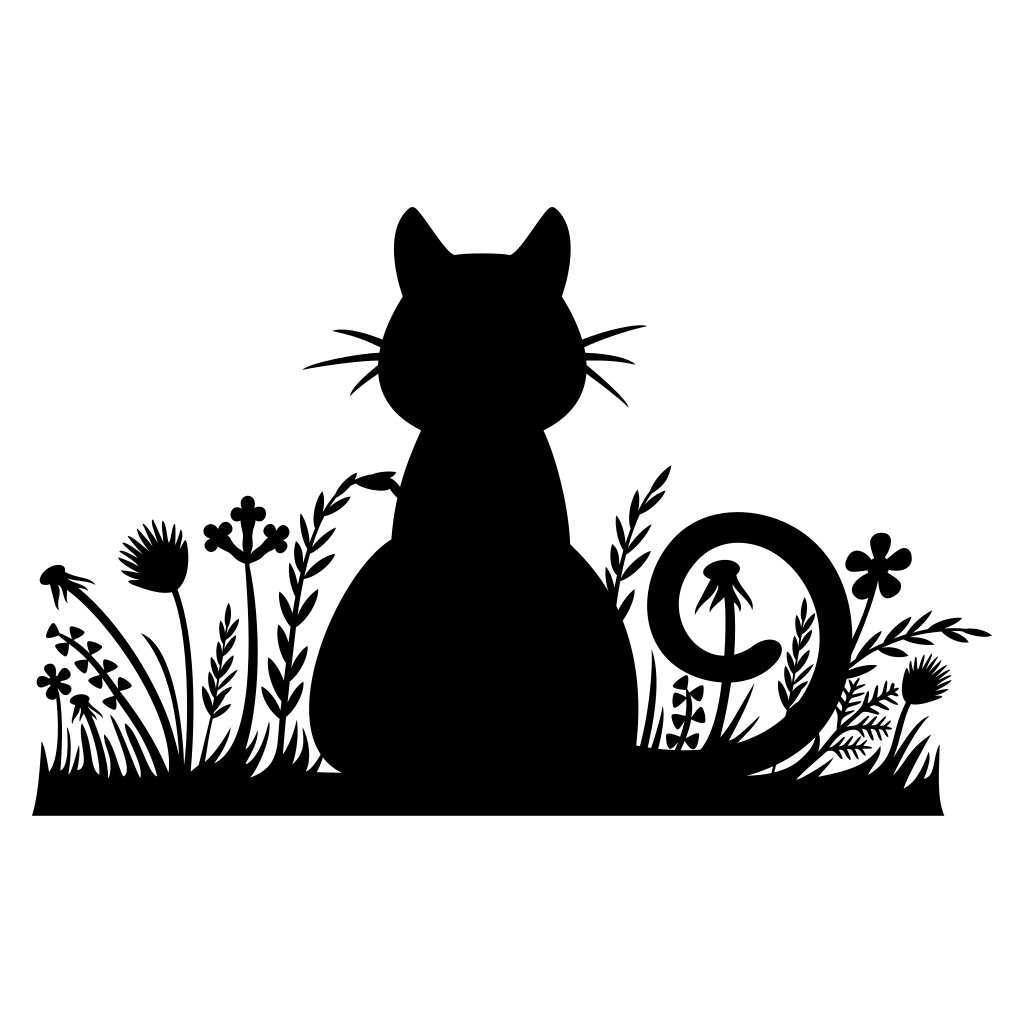 Layered silhouette of a sitting cat amidst grassy details