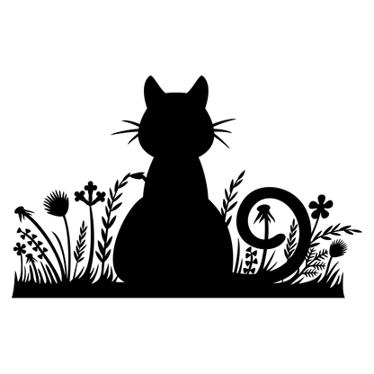 Layered silhouette of a sitting cat amidst grassy details