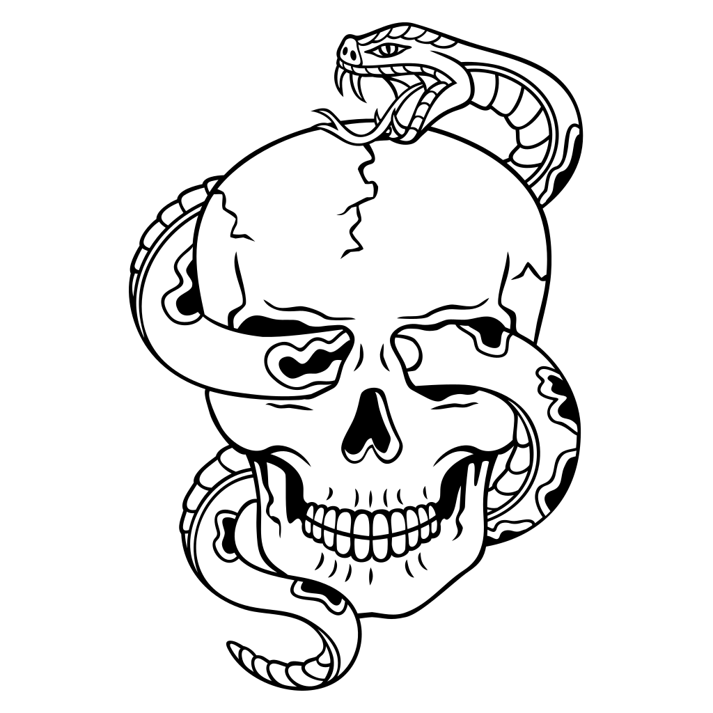 Intricate black and white skull design with serpent for crafts