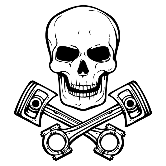 Bold skull with crossed pistons design for cutting machines