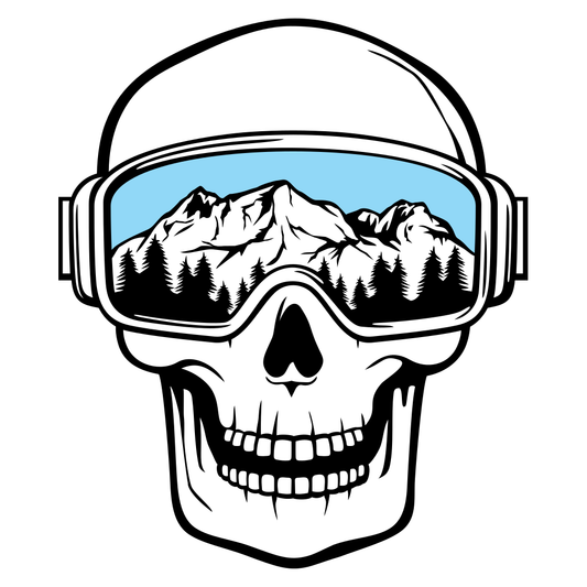 Skiing skull design featuring mountain reflections for crafting
