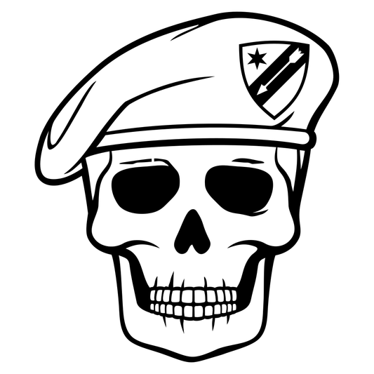 Bold skull in beret highlights creative cutting design