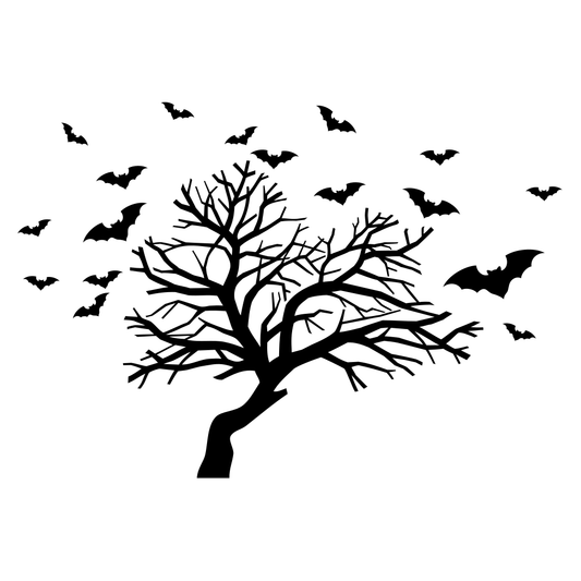 Spooky tree silhouette with flying bats for crafting