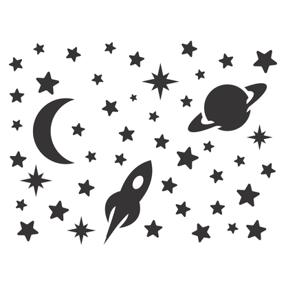 Explore the cosmos with stars, planets, and a rocket design
