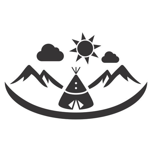 Creative vector design of a teepee amid mountains and sun