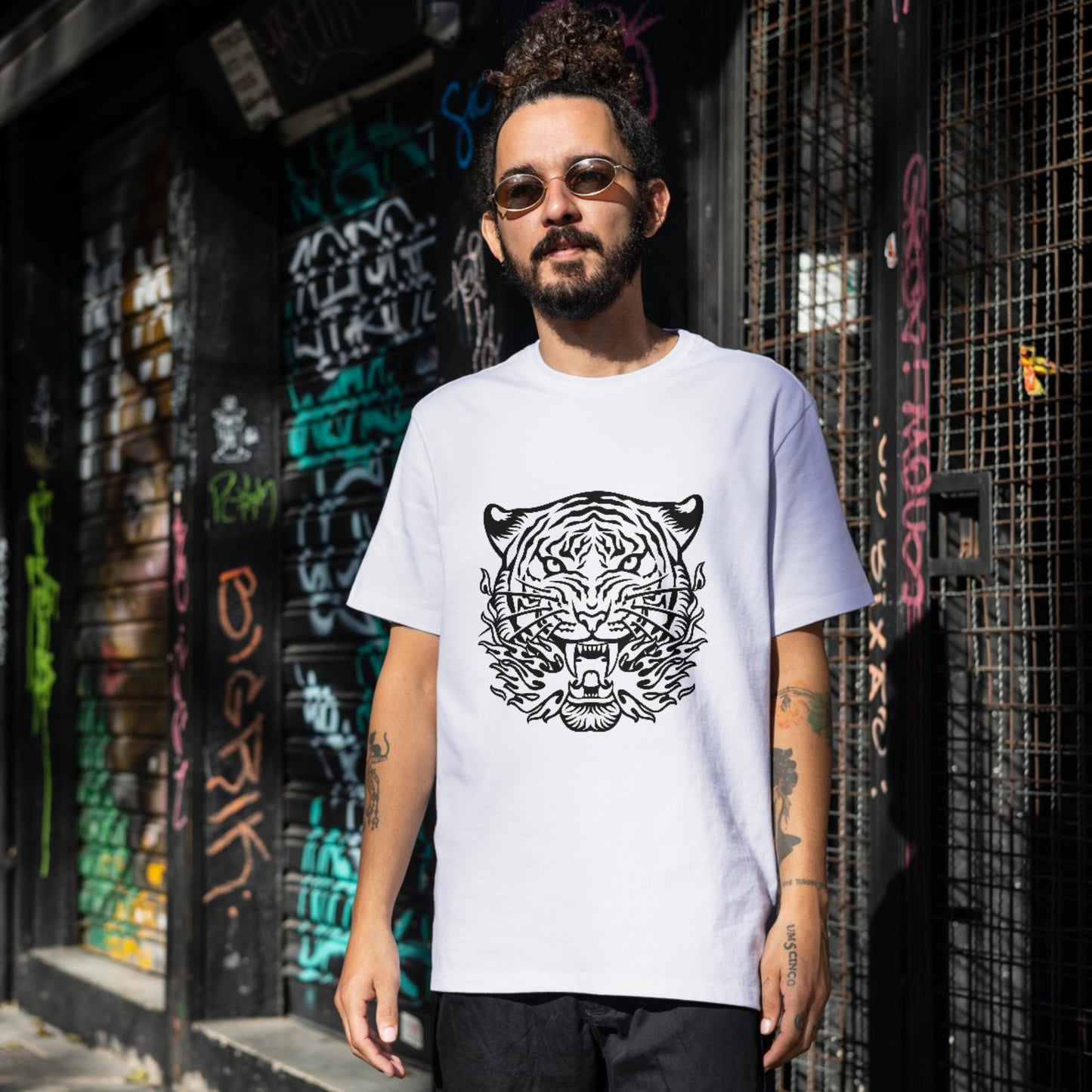 Fierce black and white tiger roaring amidst flames