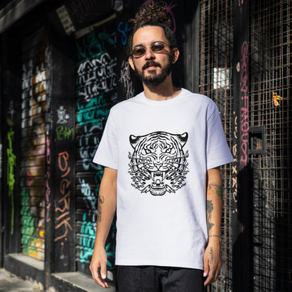 Fierce black and white tiger roaring amidst flames