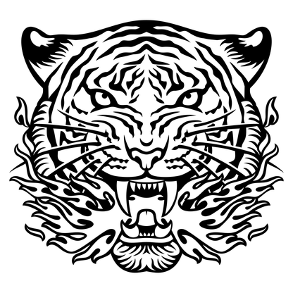 Fierce black and white tiger roaring amidst flames