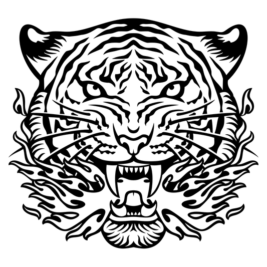 Fierce black and white tiger roaring amidst flames