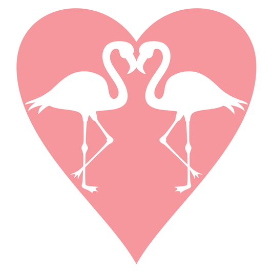 Two flamingos in love surrounded by a heart shape