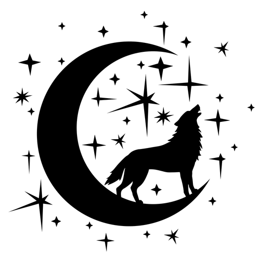 Majestic wolf howling at a crescent moon with stars
