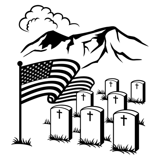 Veterans tribute with USA flag waving over graves